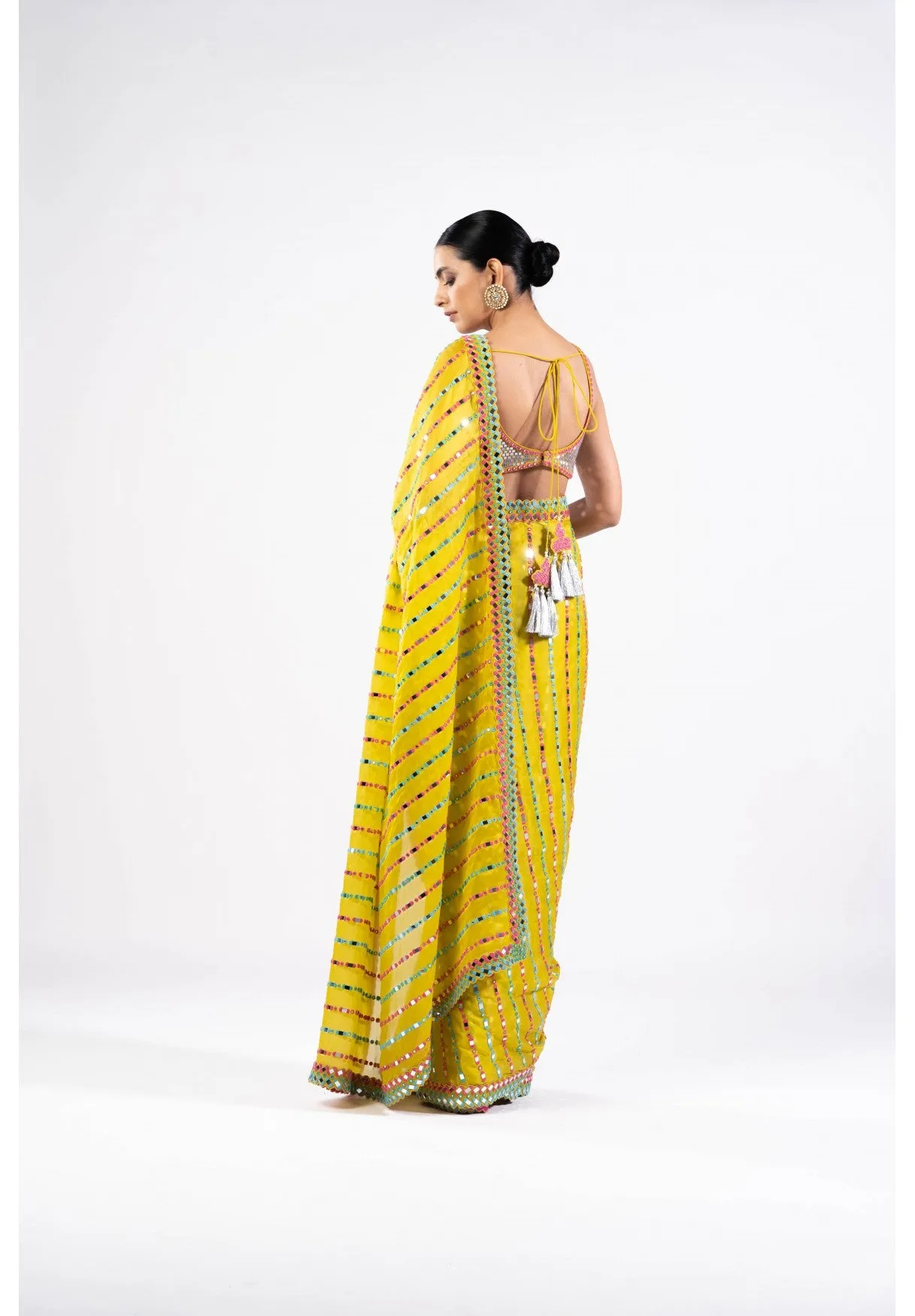 Moss Green Mirror Saree With Metallic Blouse