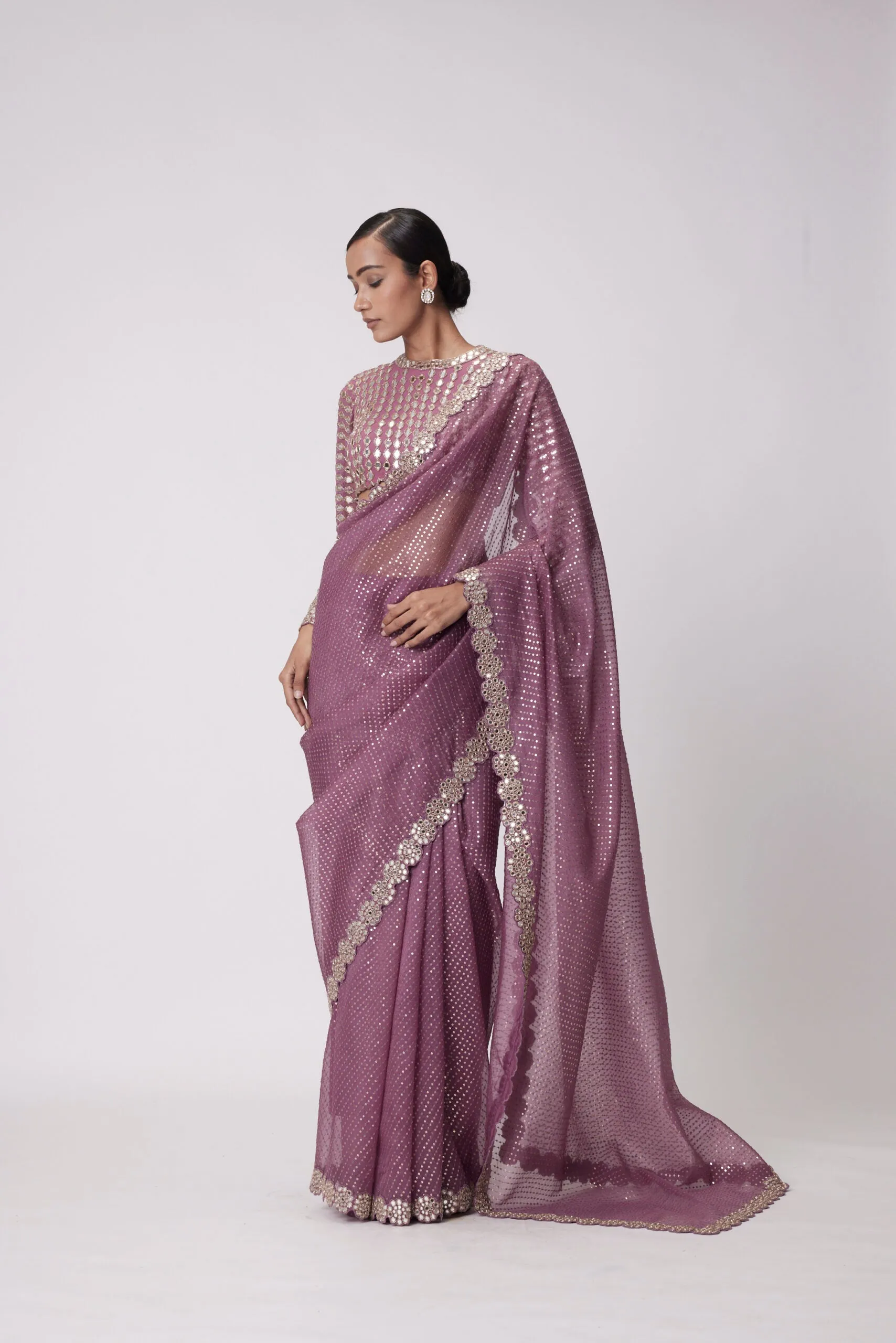 Mud Mauve Hand Embroidered Saree Set