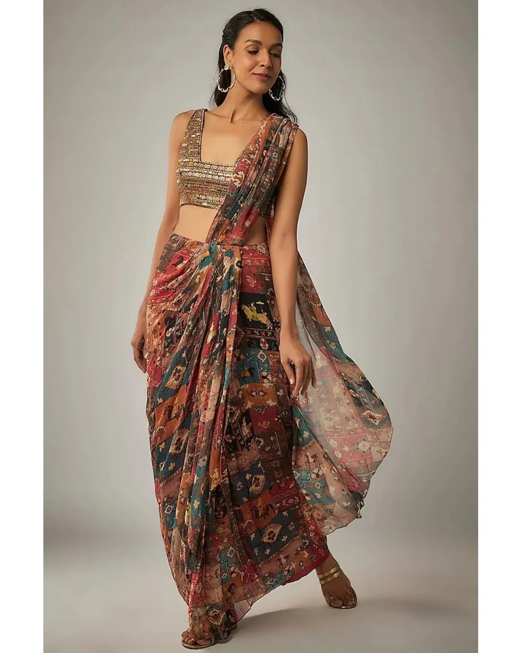 Multicolor Printed Mughal Rhapsody Pre Draped Sari Set