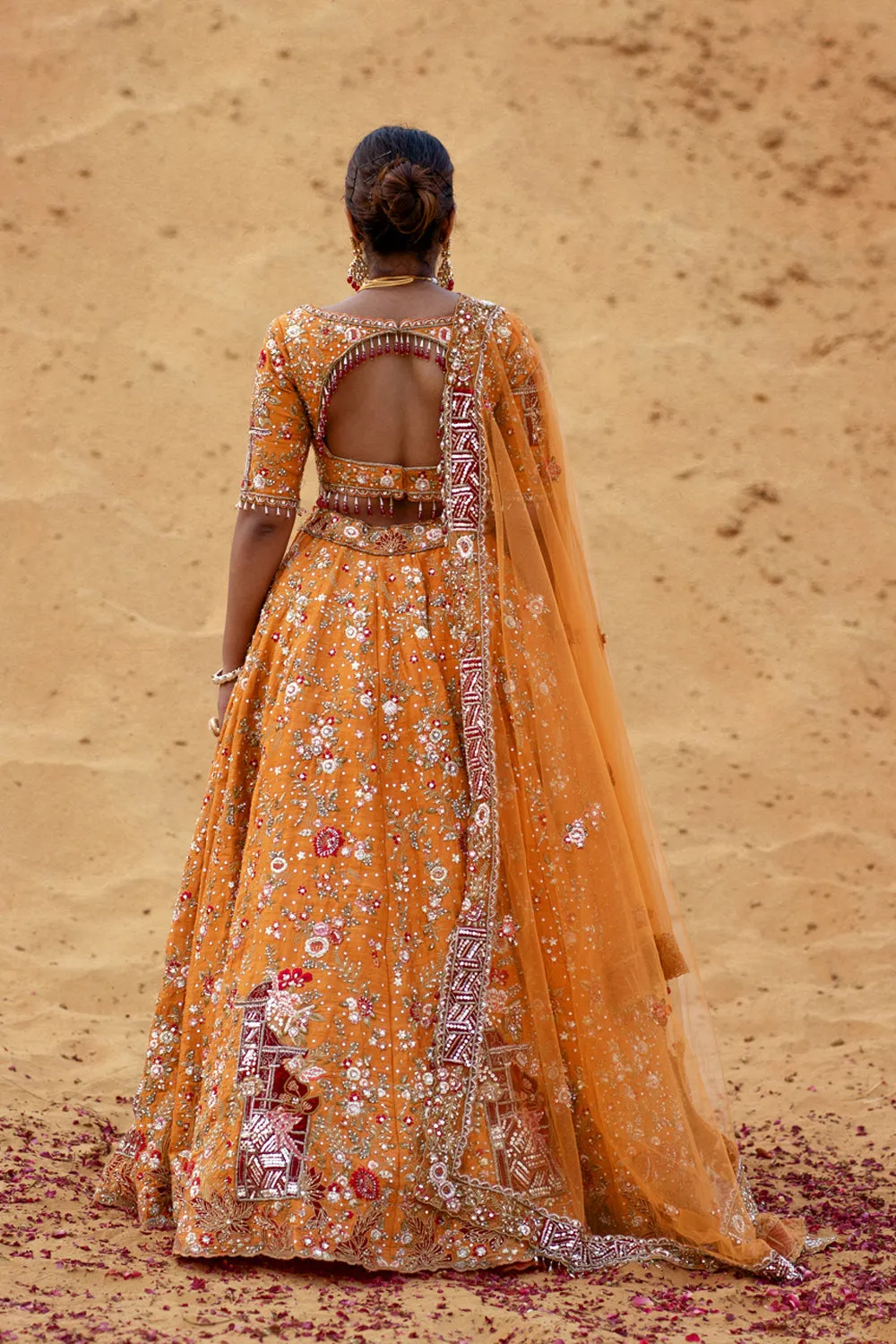 Mustard Orange Hand Embroidered Lehenga Set