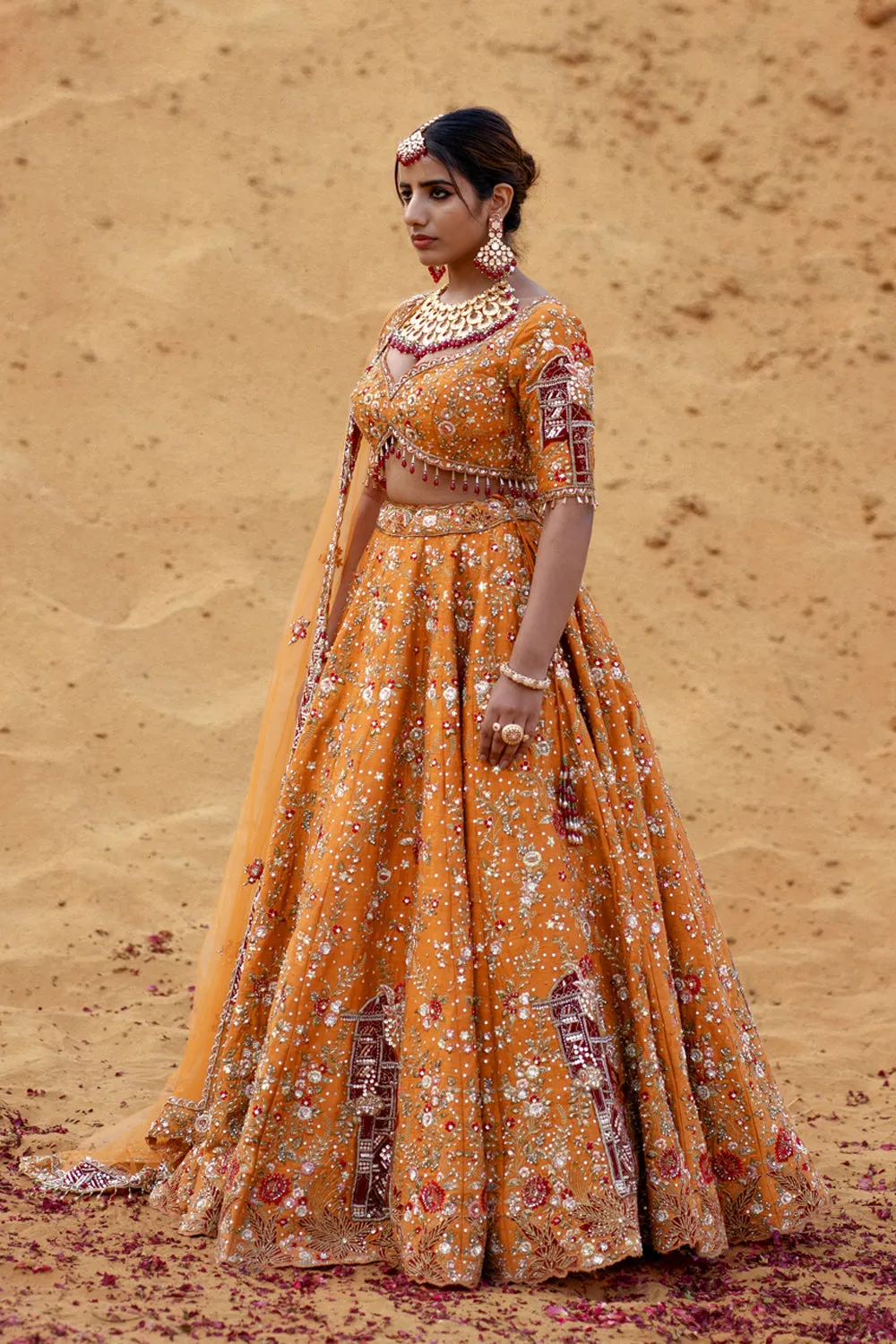 Mustard Orange Hand Embroidered Lehenga Set