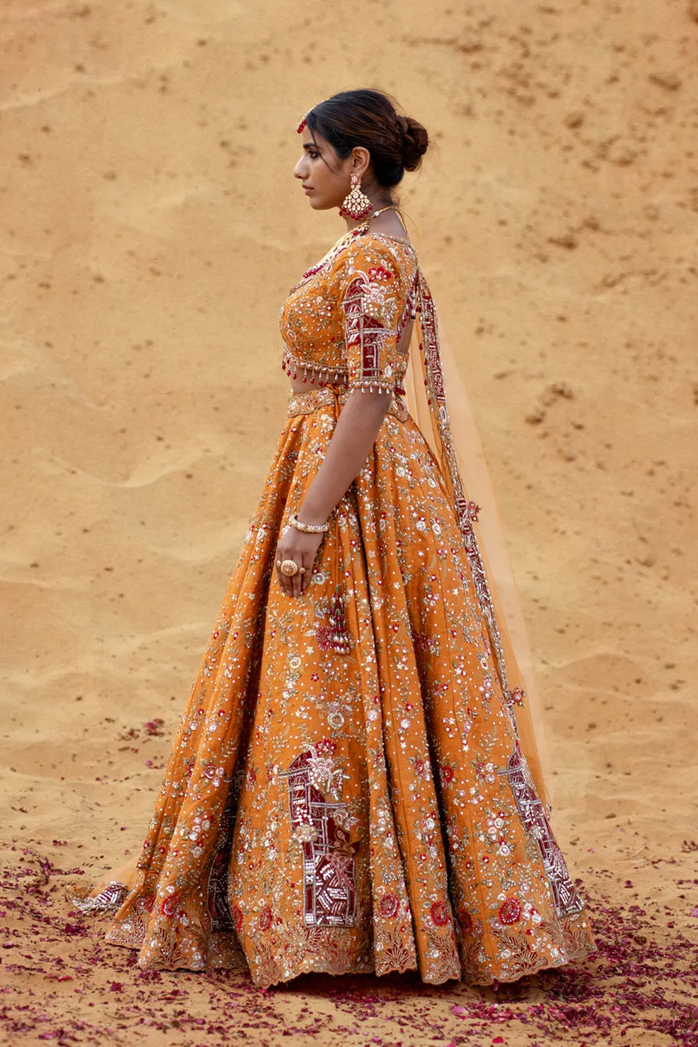 Mustard Orange Hand Embroidered Lehenga Set