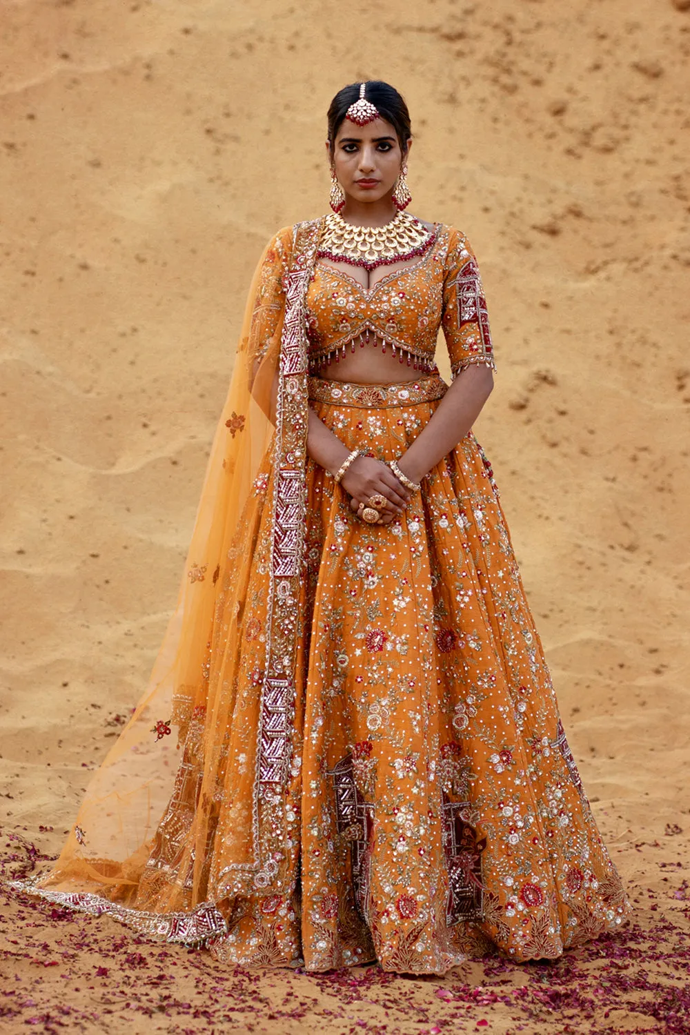 Mustard Orange Hand Embroidered Lehenga Set