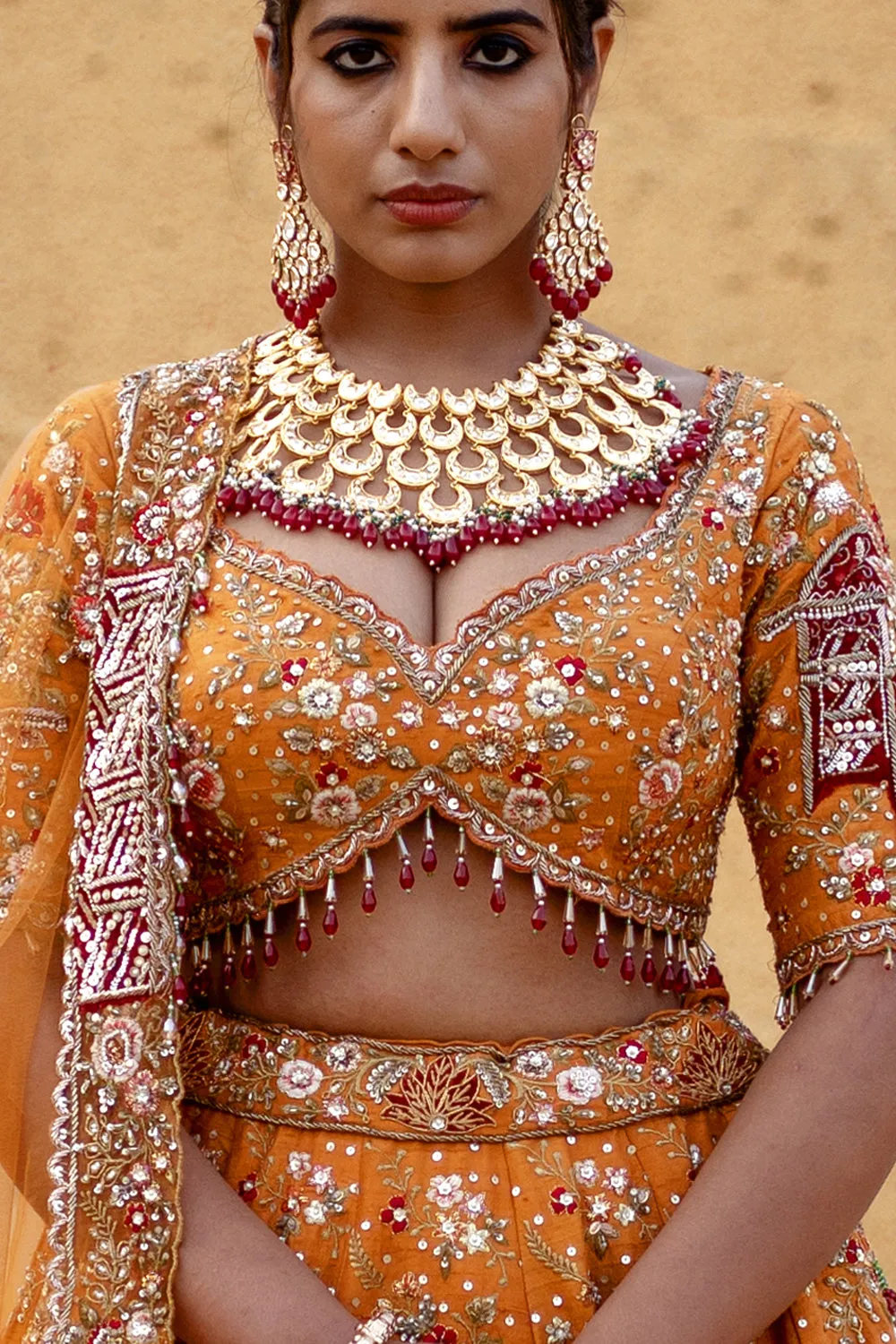 Mustard Orange Hand Embroidered Lehenga Set
