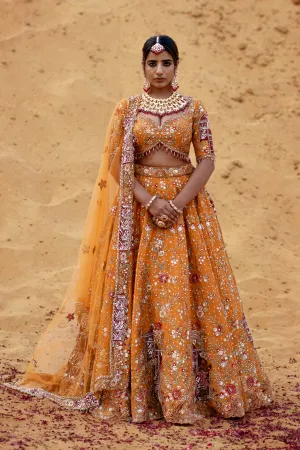 Mustard Orange Hand Embroidered Lehenga Set