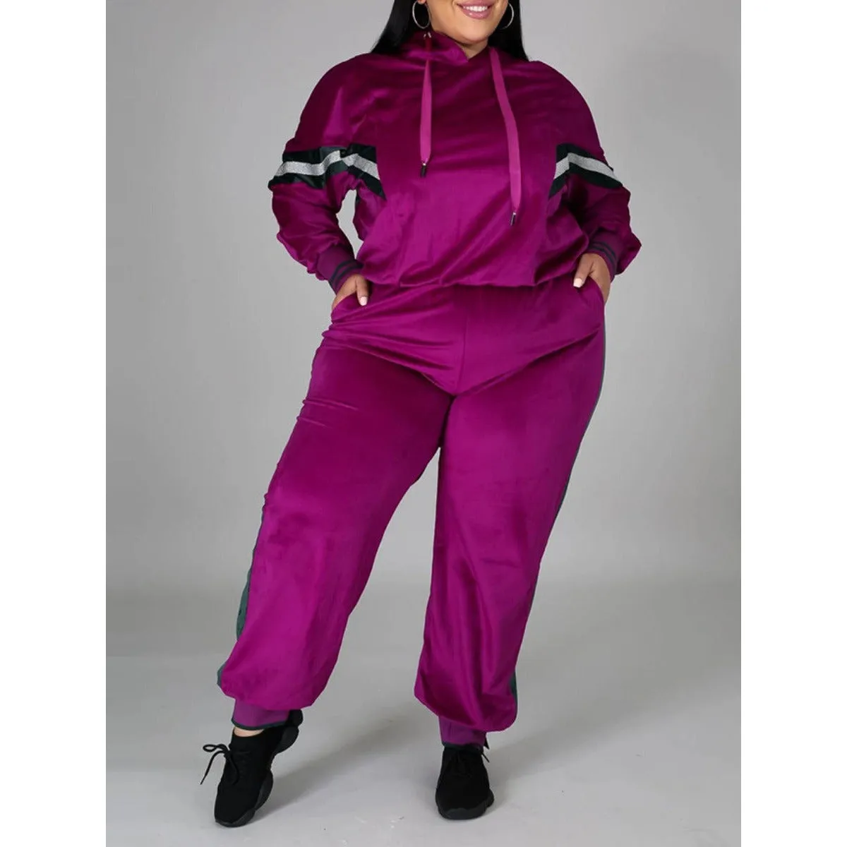 New Women Plus Size Velvet Two Piece Rose Tracksuit