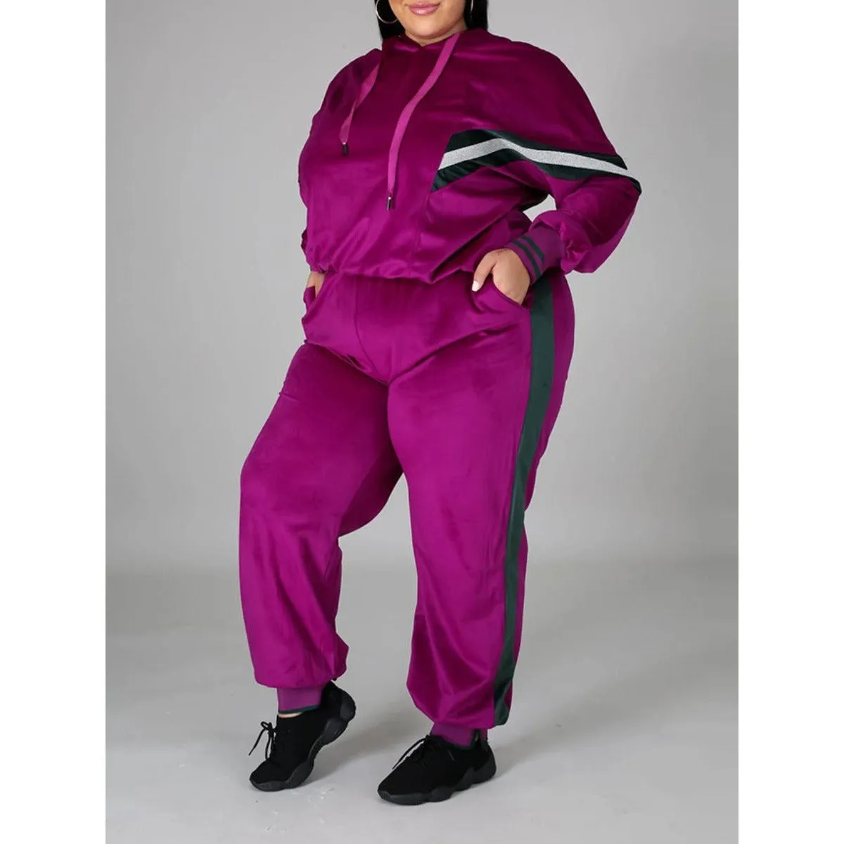New Women Plus Size Velvet Two Piece Rose Tracksuit