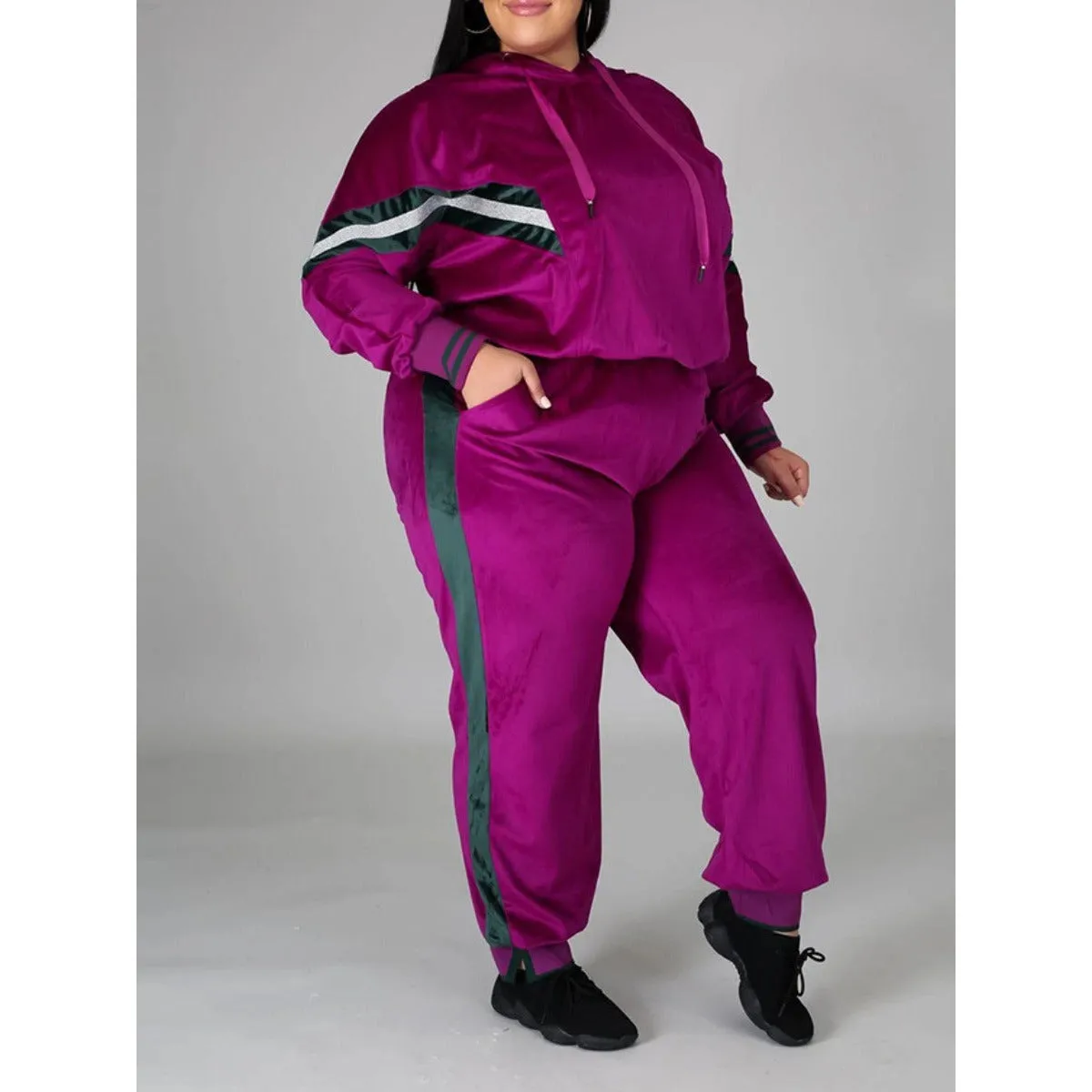 New Women Plus Size Velvet Two Piece Rose Tracksuit