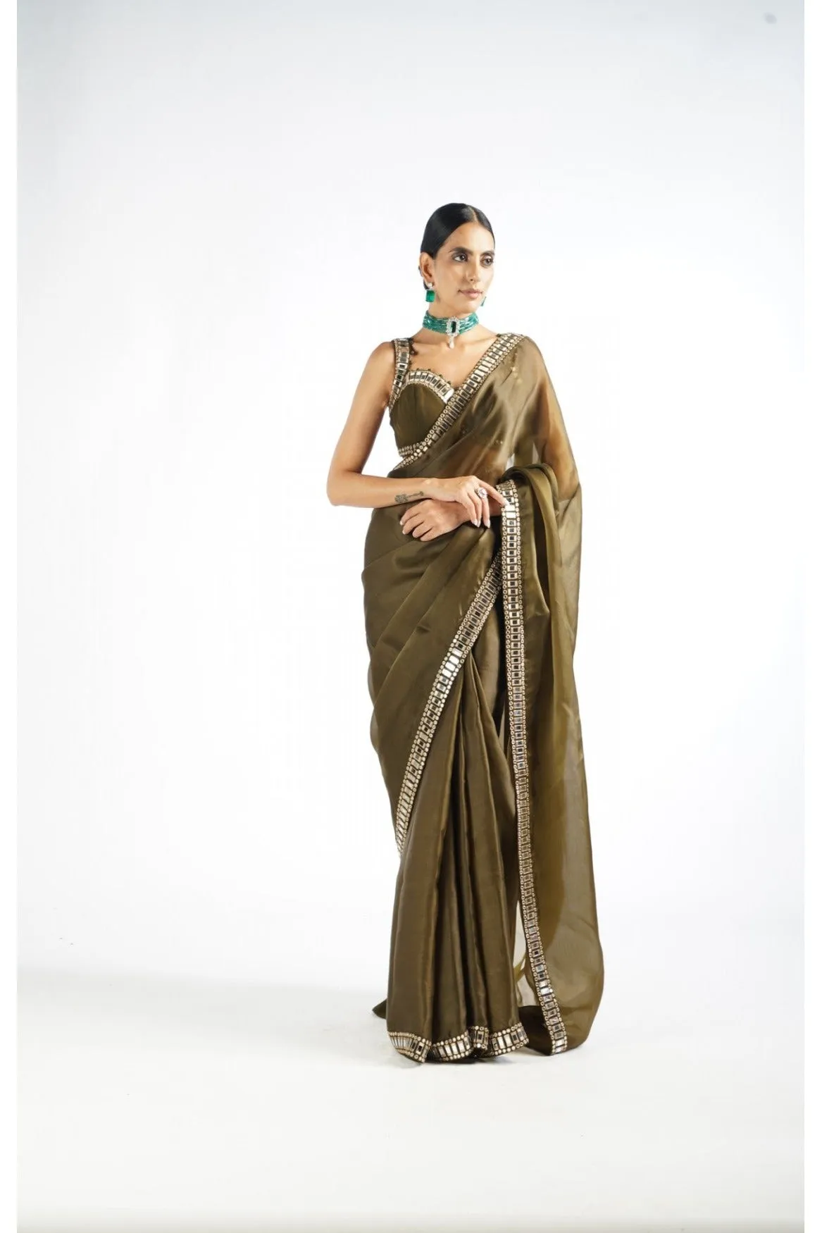 Olive Green Mirror Work Saree Set