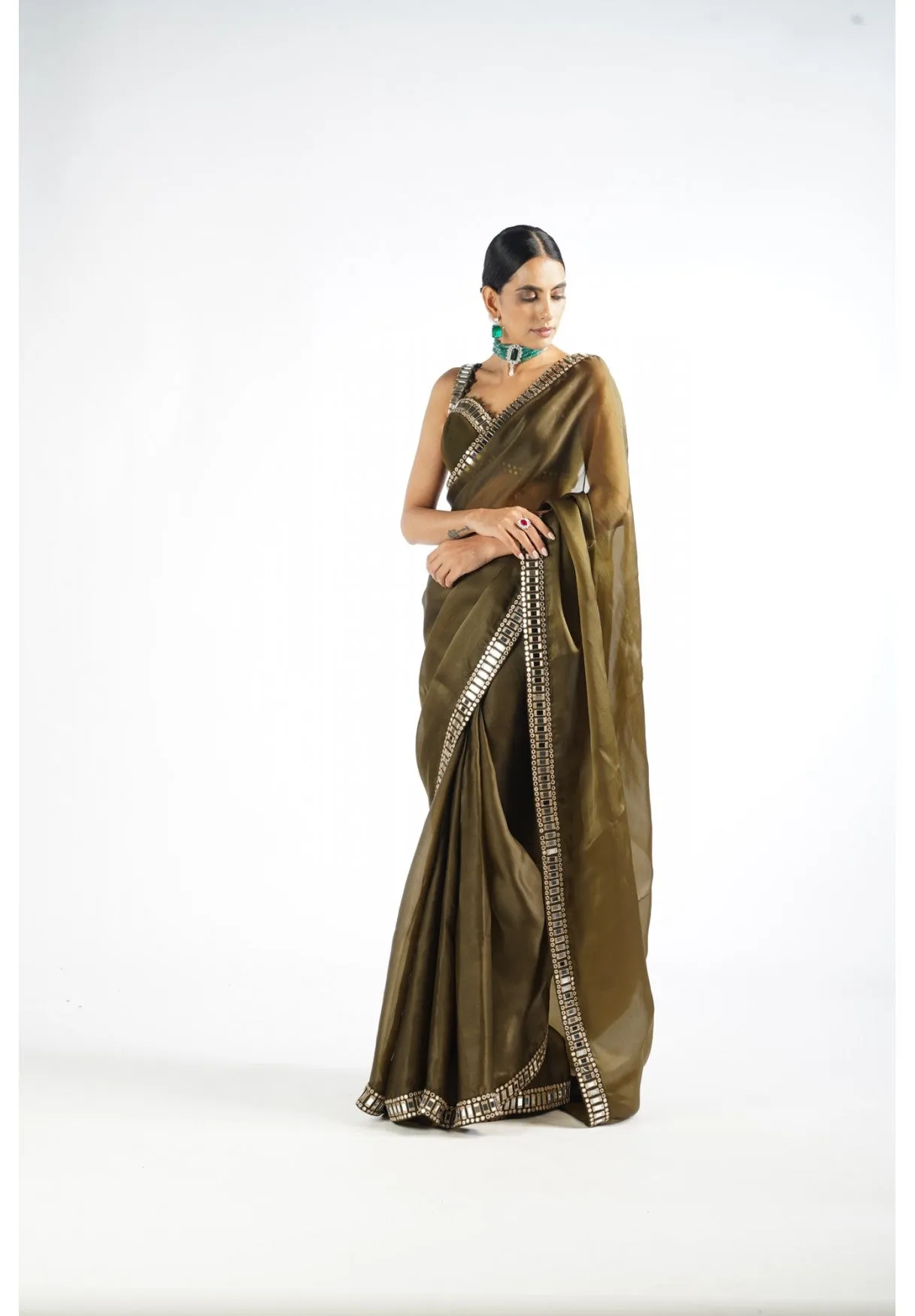 Olive Green Mirror Work Saree Set
