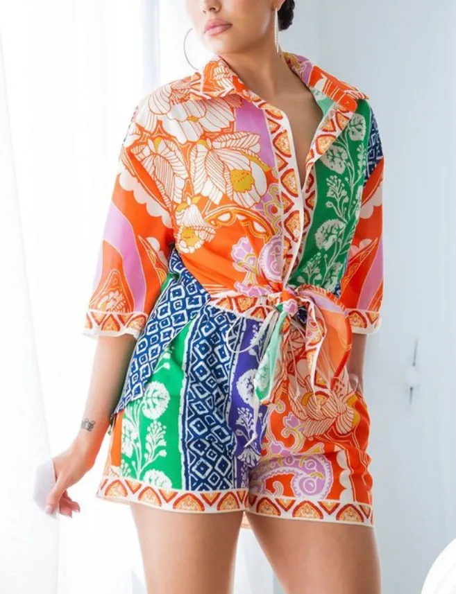 Orange Multicolored Semi Sheer Shorts Set