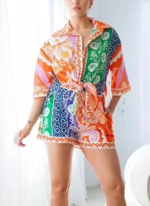 Orange Multicolored Semi Sheer Shorts Set
