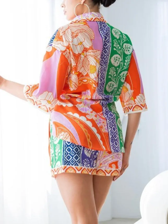Orange Multicolored Semi Sheer Shorts Set