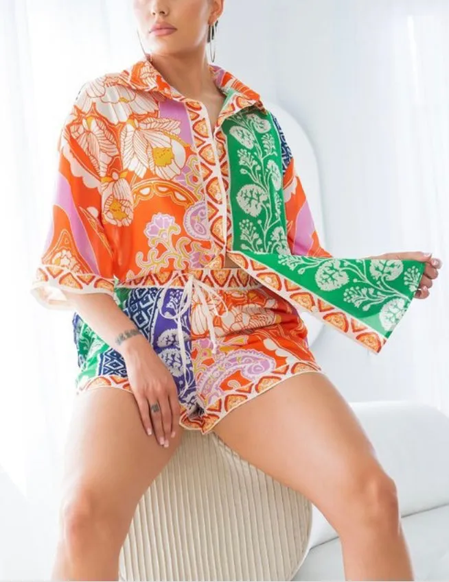 Orange Multicolored Semi Sheer Shorts Set