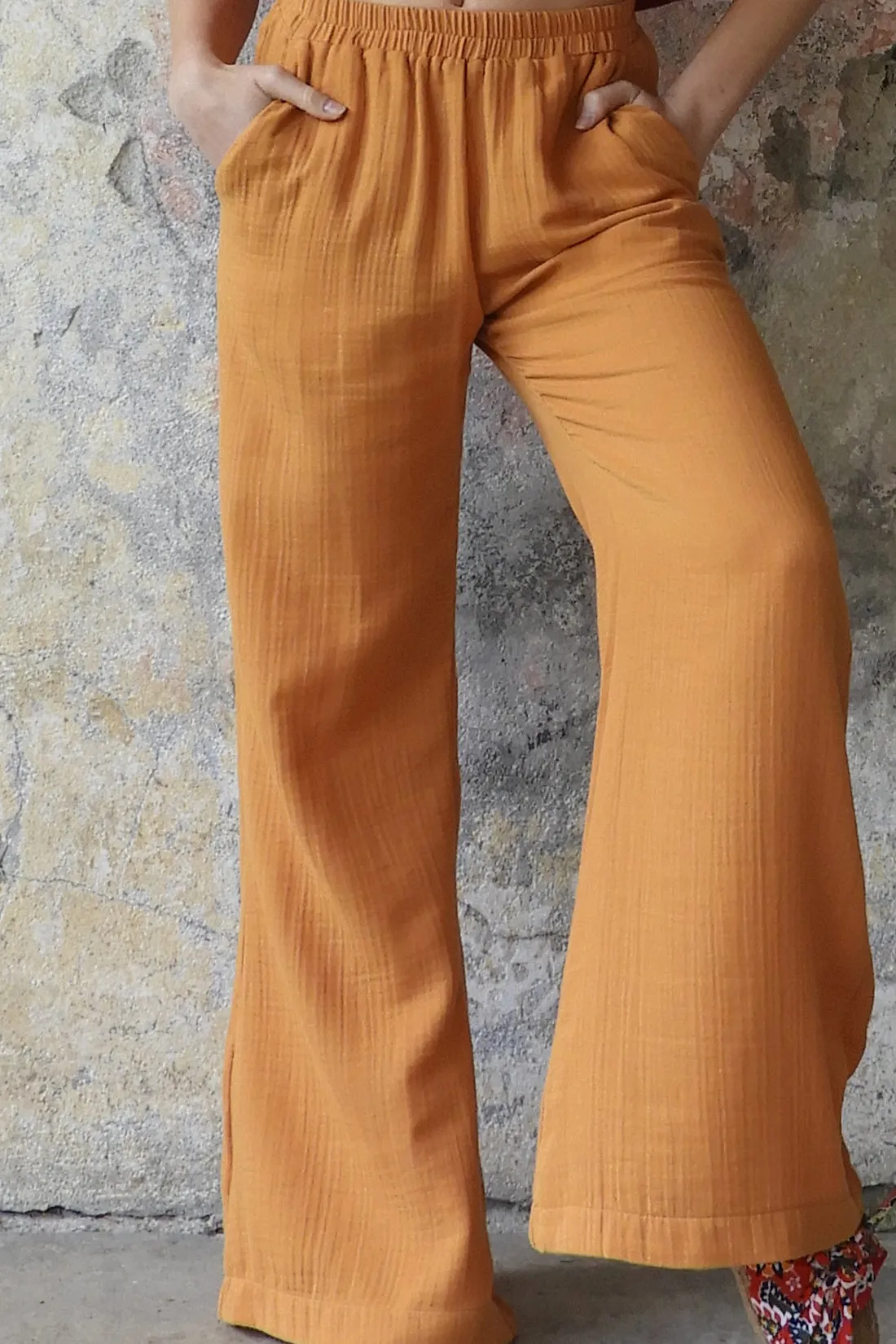 PALAZZO Women's 2Layer Organic Gauze Cotton Pants (Red, Dark Blue, Caramel, Sage Green)
