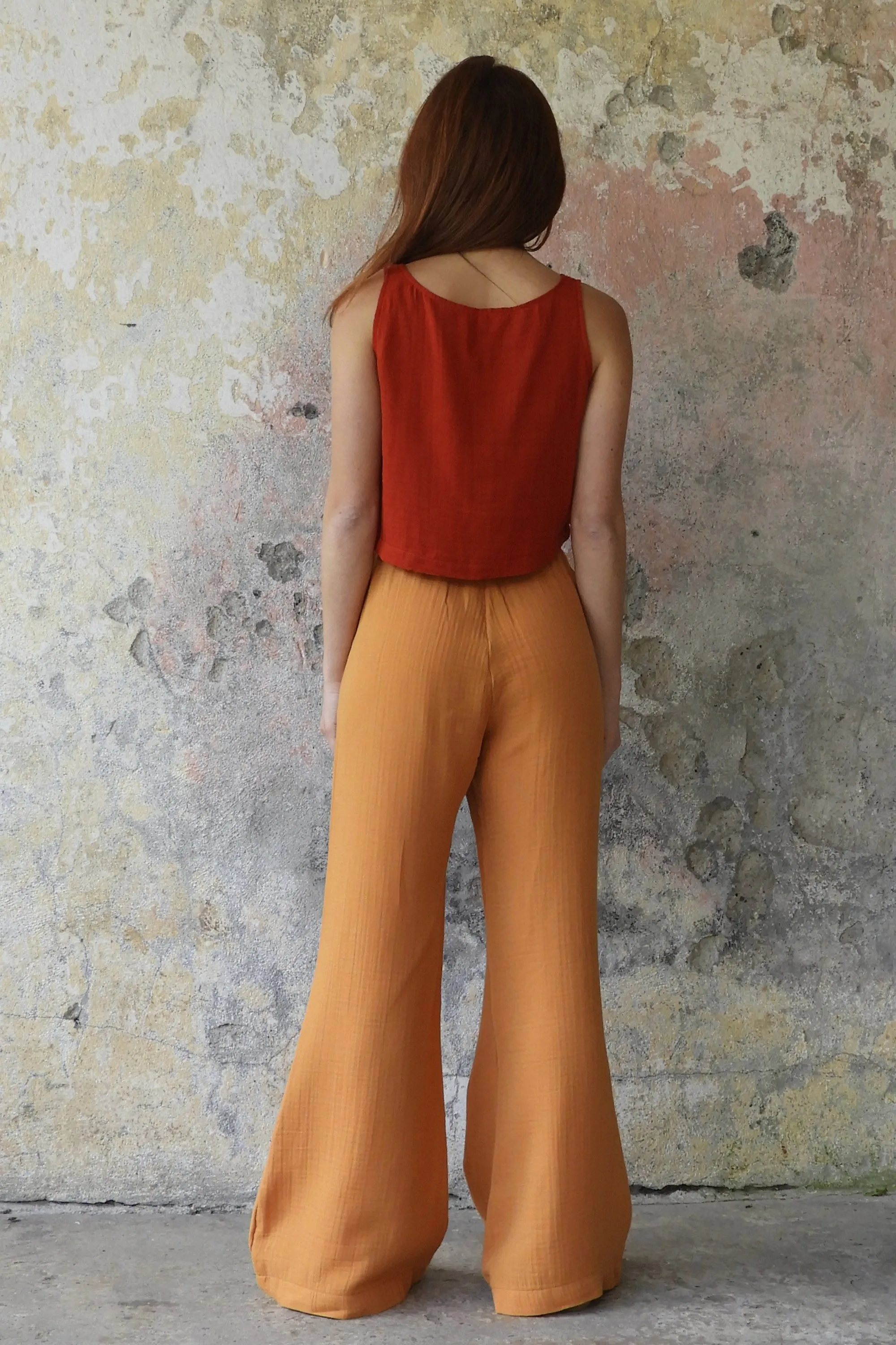 PALAZZO Women's 2Layer Organic Gauze Cotton Pants (Red, Dark Blue, Caramel, Sage Green)
