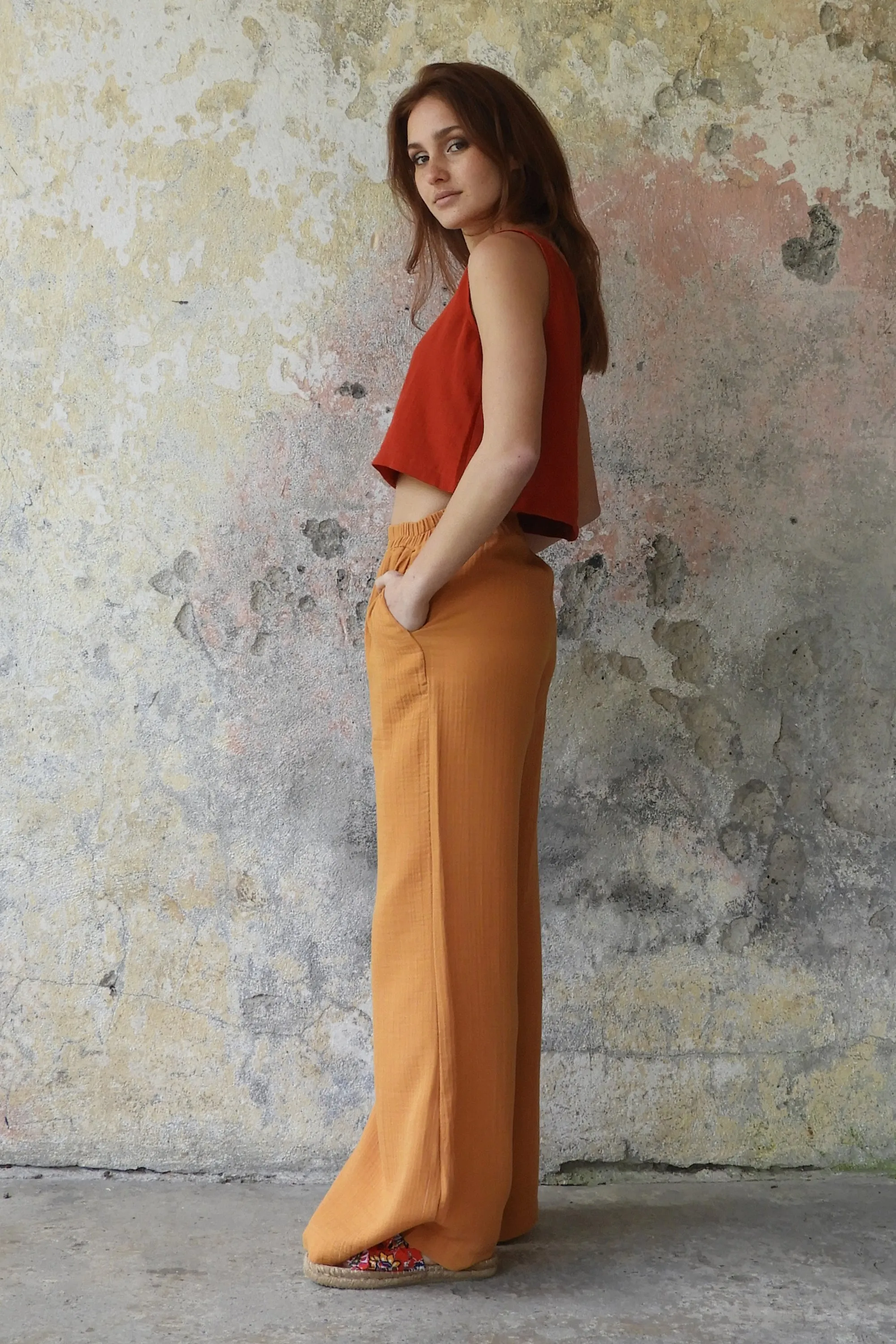 PALAZZO Women's 2Layer Organic Gauze Cotton Pants (Red, Dark Blue, Caramel, Sage Green)