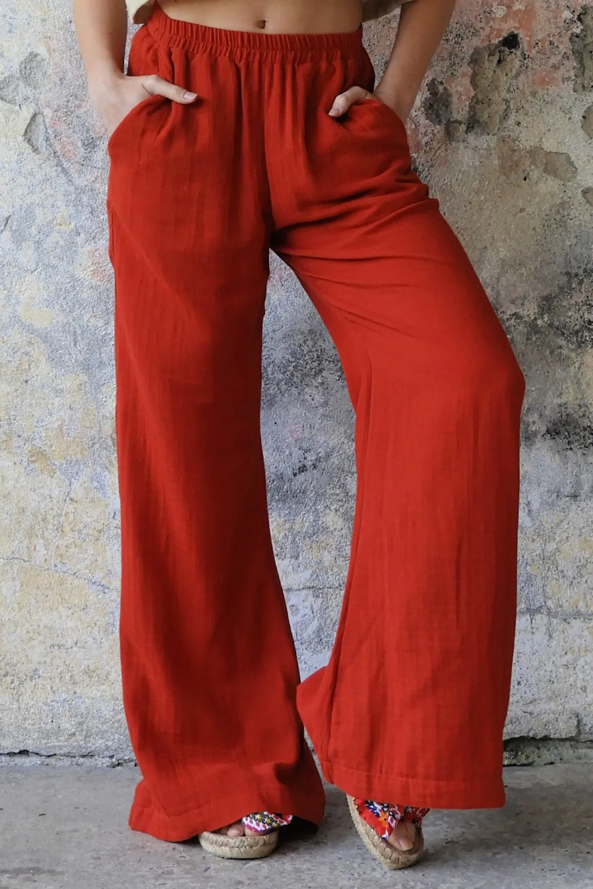 PALAZZO Women's 2Layer Organic Gauze Cotton Pants (Red, Dark Blue, Caramel, Sage Green)