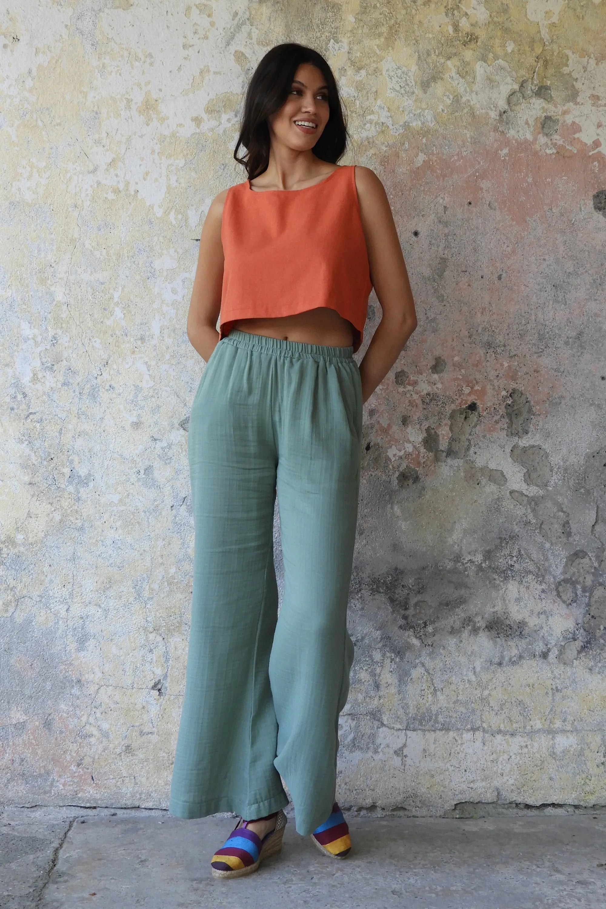 PALAZZO Women's 2Layer Organic Gauze Cotton Pants (Red, Dark Blue, Caramel, Sage Green)