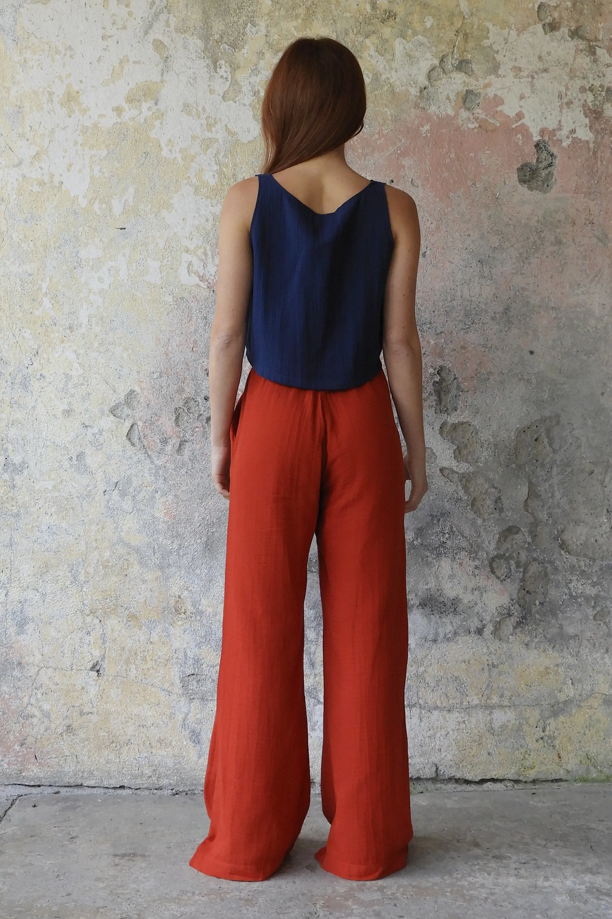 PALAZZO Women's 2Layer Organic Gauze Cotton Pants (Red, Dark Blue, Caramel, Sage Green)