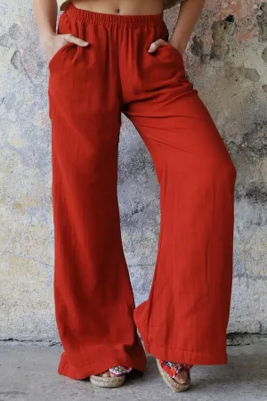 PALAZZO Women's 2Layer Organic Gauze Cotton Pants (Red, Dark Blue, Caramel, Sage Green)