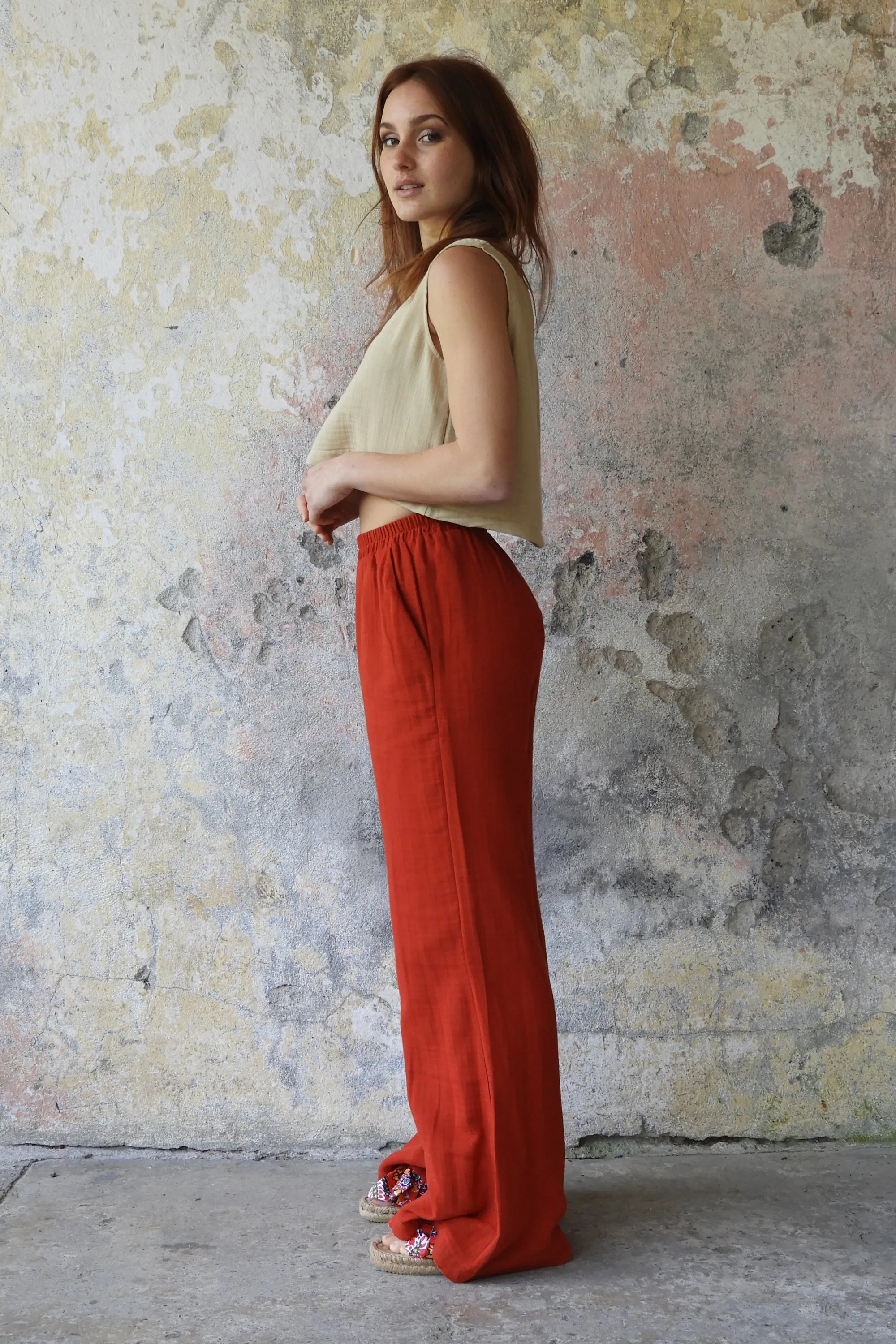PALAZZO Women's 2Layer Organic Gauze Cotton Pants (Red, Dark Blue, Caramel, Sage Green)