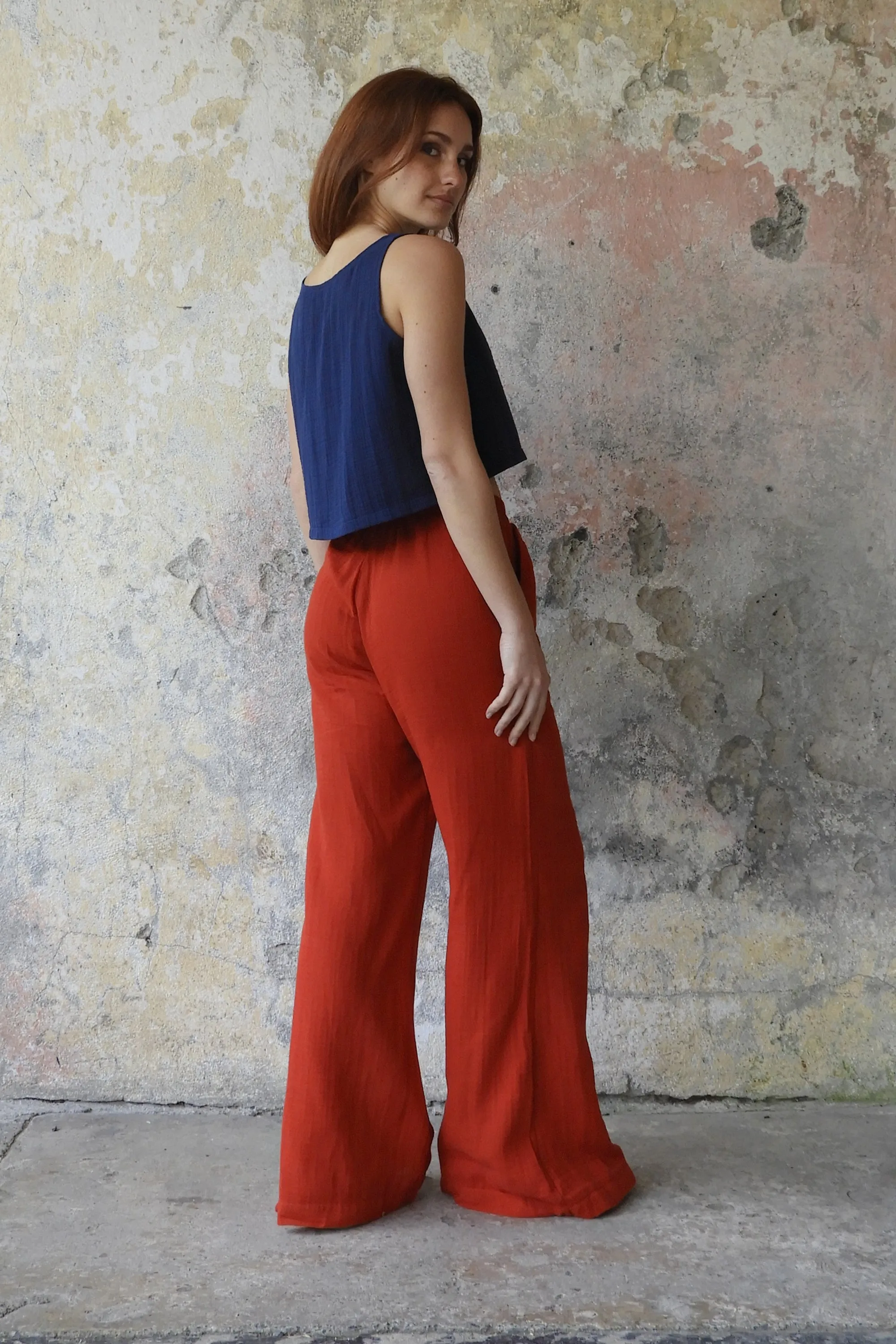 PALAZZO Women's 2Layer Organic Gauze Cotton Pants (Red, Dark Blue, Caramel, Sage Green)