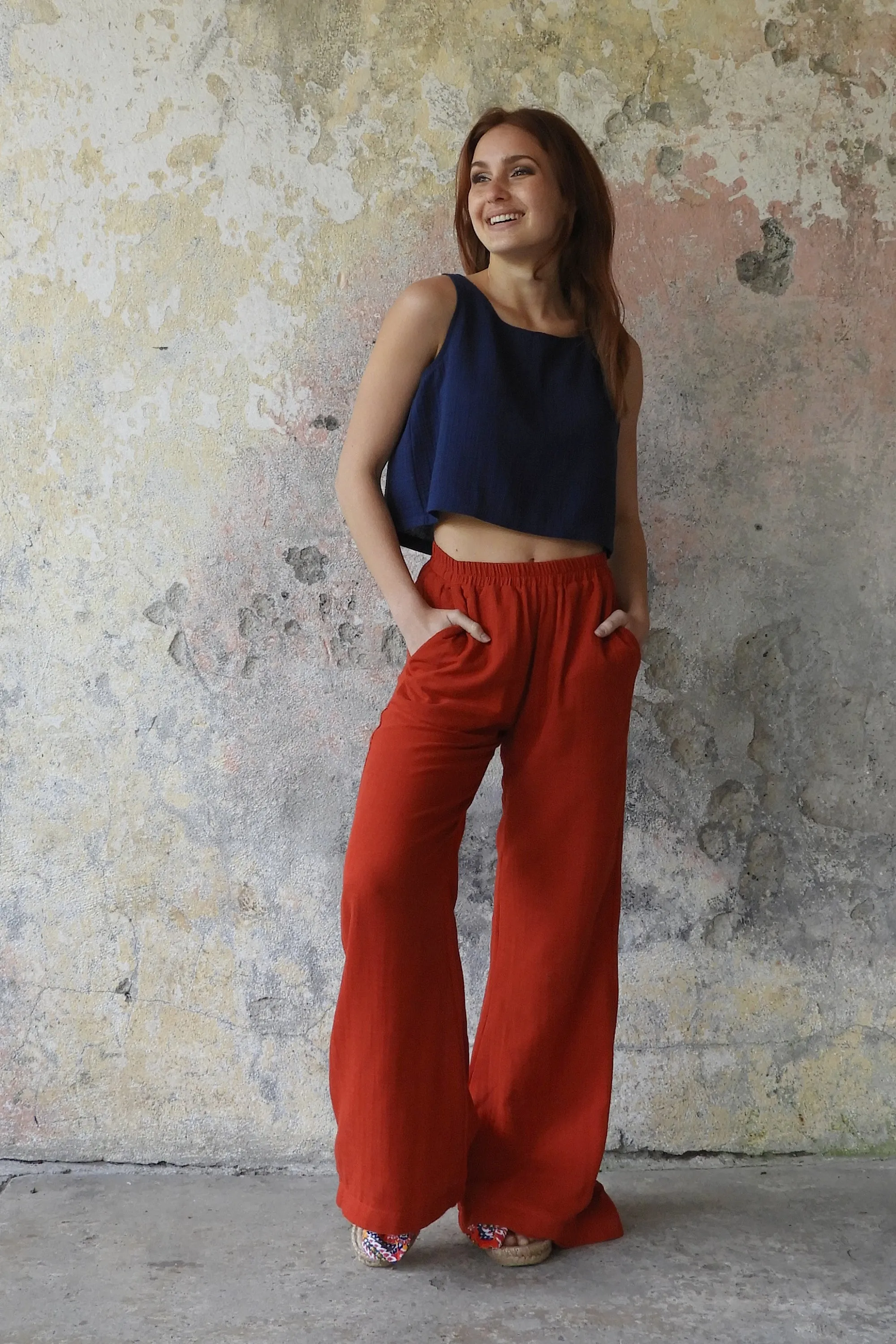PALAZZO Women's 2Layer Organic Gauze Cotton Pants (Red, Dark Blue, Caramel, Sage Green)