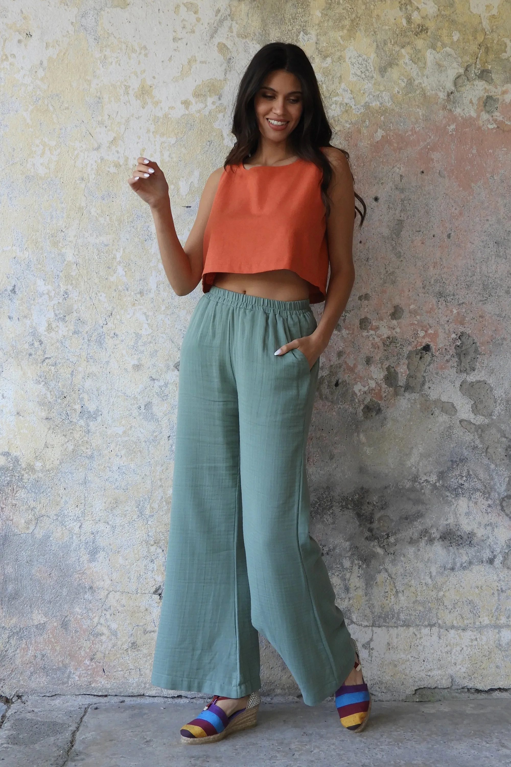 PALAZZO Women's 2Layer Organic Gauze Cotton Pants (Red, Dark Blue, Caramel, Sage Green)