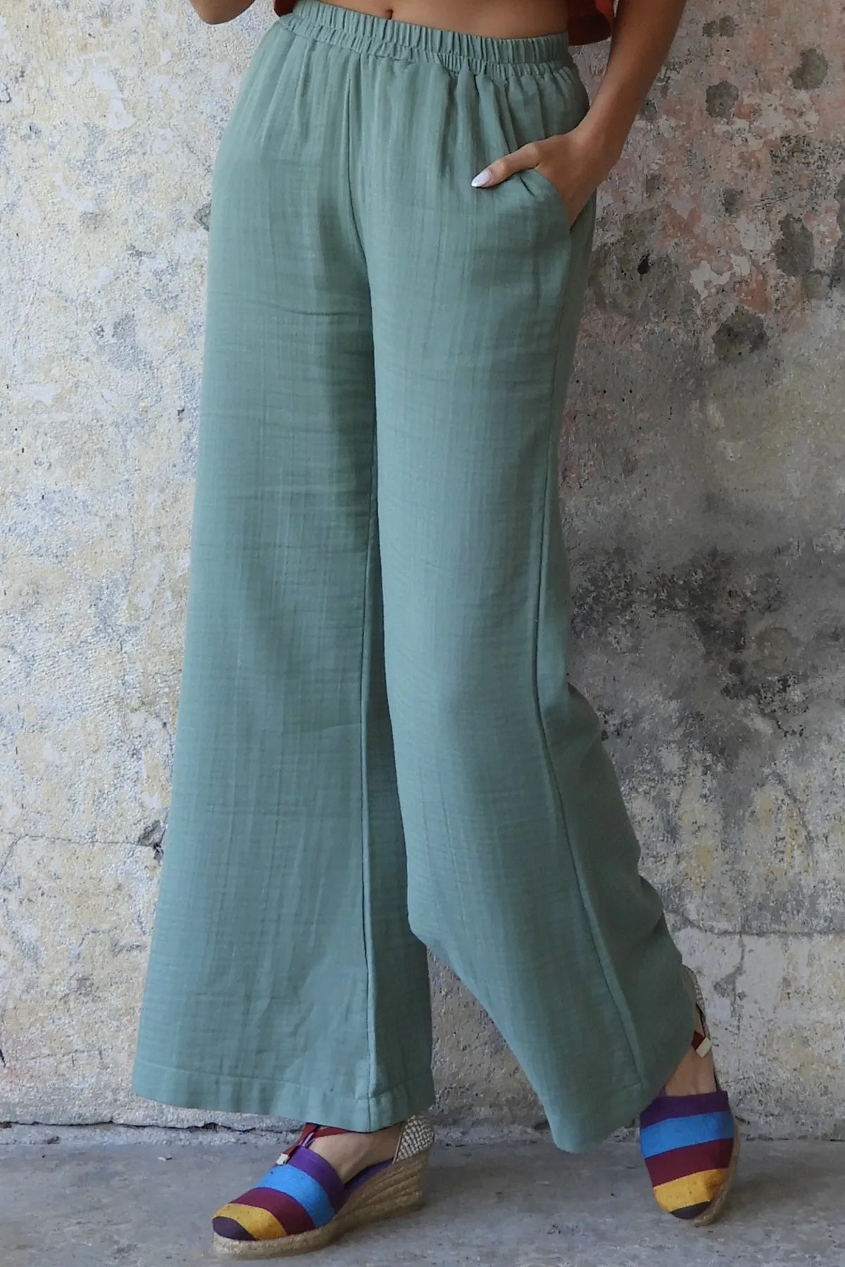 PALAZZO Women's 2Layer Organic Gauze Cotton Pants (Red, Dark Blue, Caramel, Sage Green)