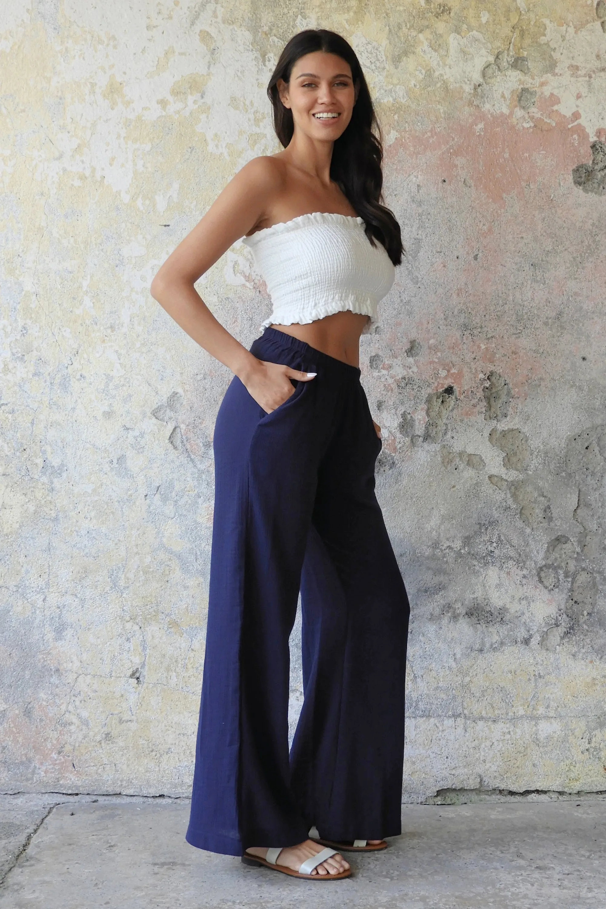 PALAZZO Women's 2Layer Organic Gauze Cotton Pants (Red, Dark Blue, Caramel, Sage Green)