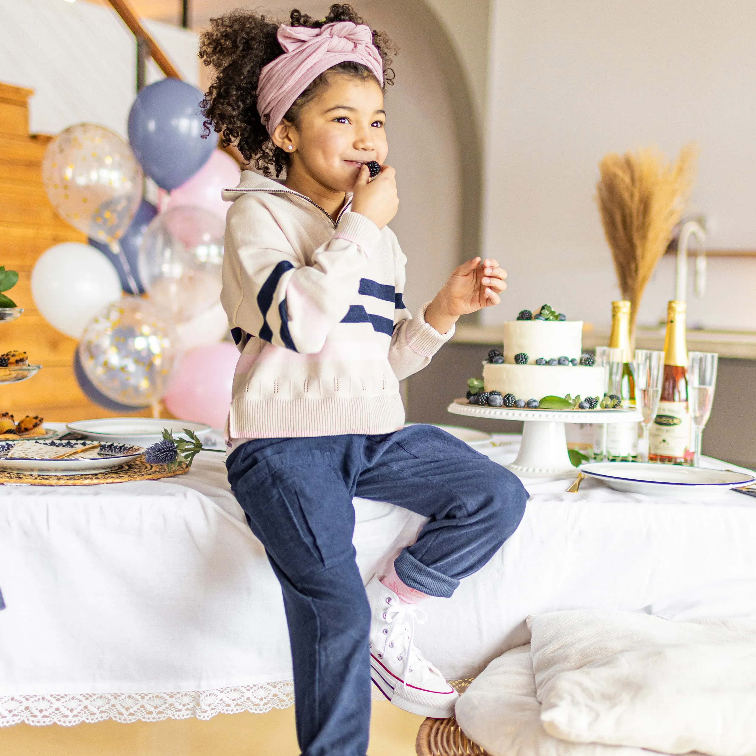 Pantalon coupe ample marine avec poche en coton et lin, enfant || Navy wide fit pant with pockets in cotton and linen, child