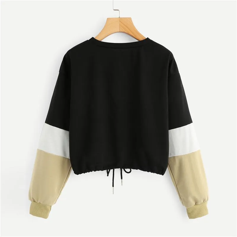Patchwork Drawstring Hem Sweatshirt