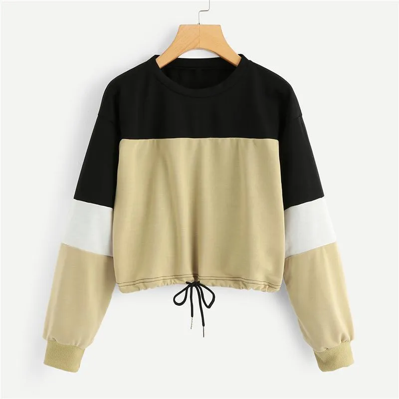Patchwork Drawstring Hem Sweatshirt
