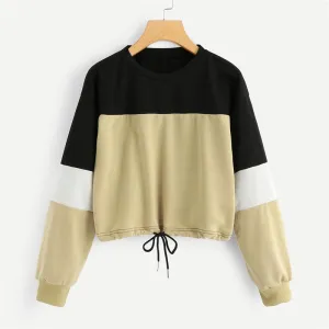 Patchwork Drawstring Hem Sweatshirt