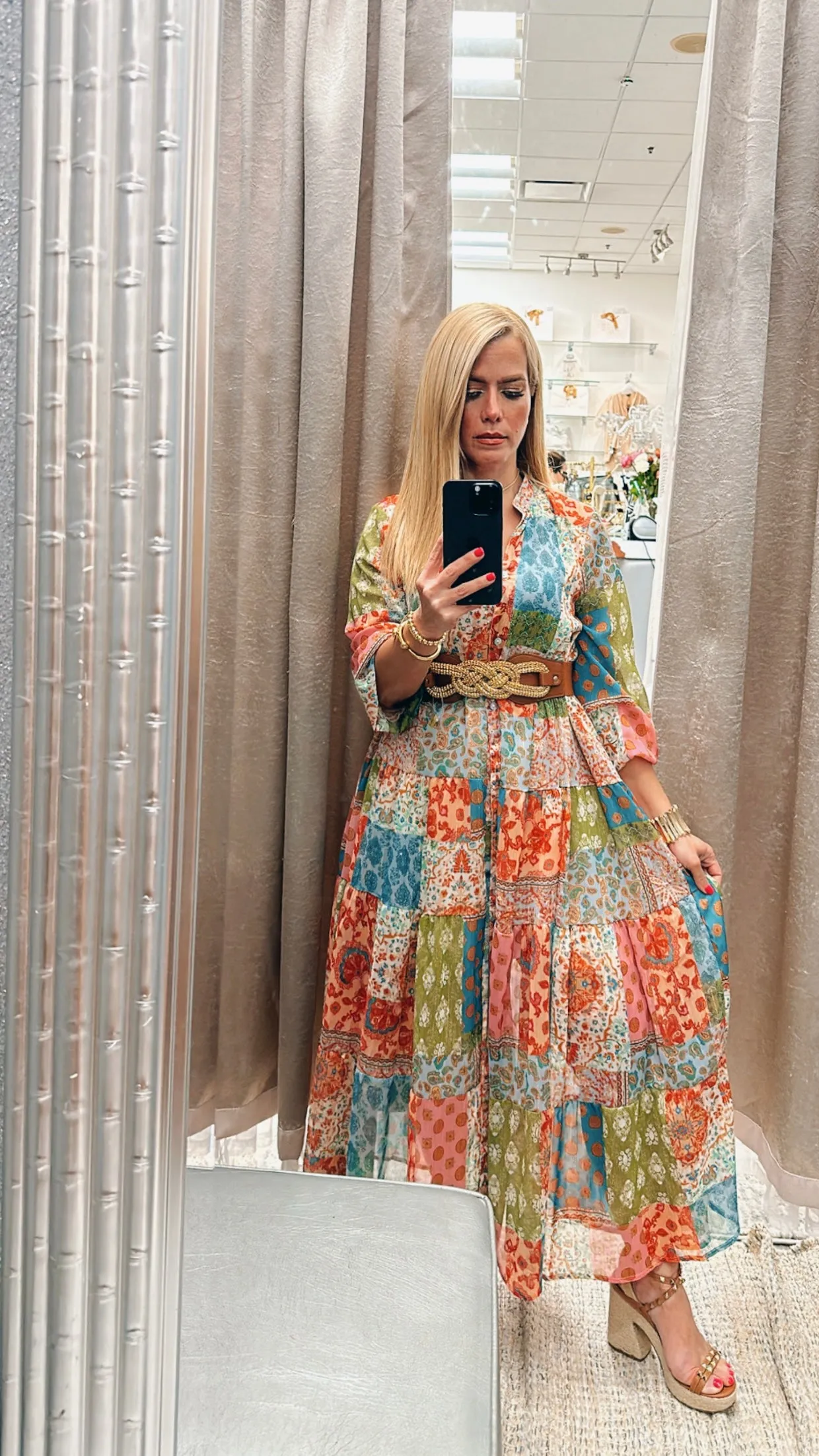 Patchwork L/s green down dress
