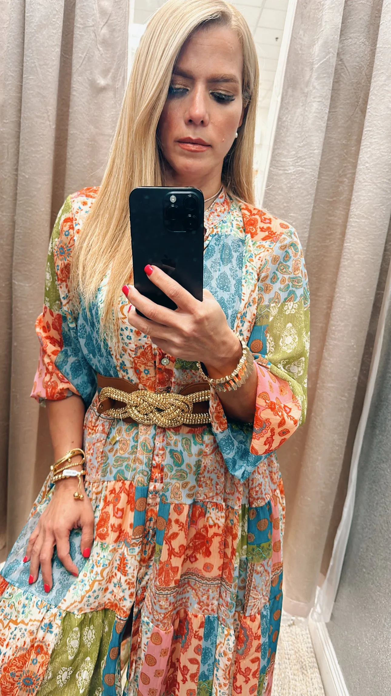 Patchwork L/s green down dress