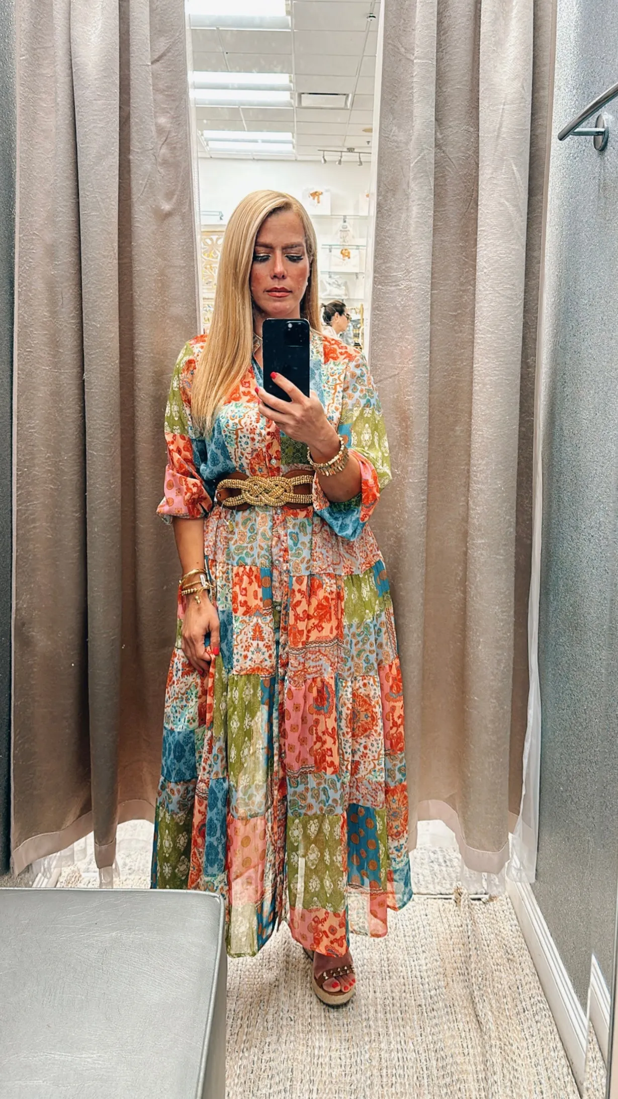 Patchwork L/s green down dress
