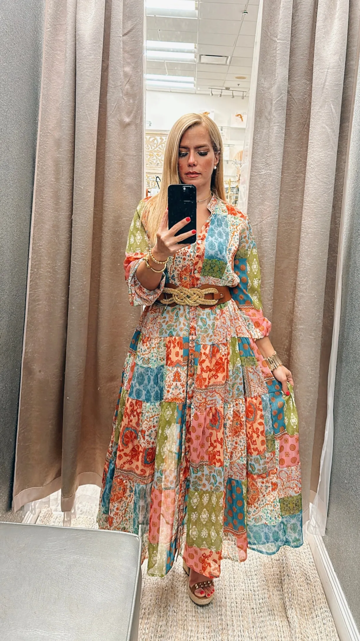 Patchwork L/s green down dress
