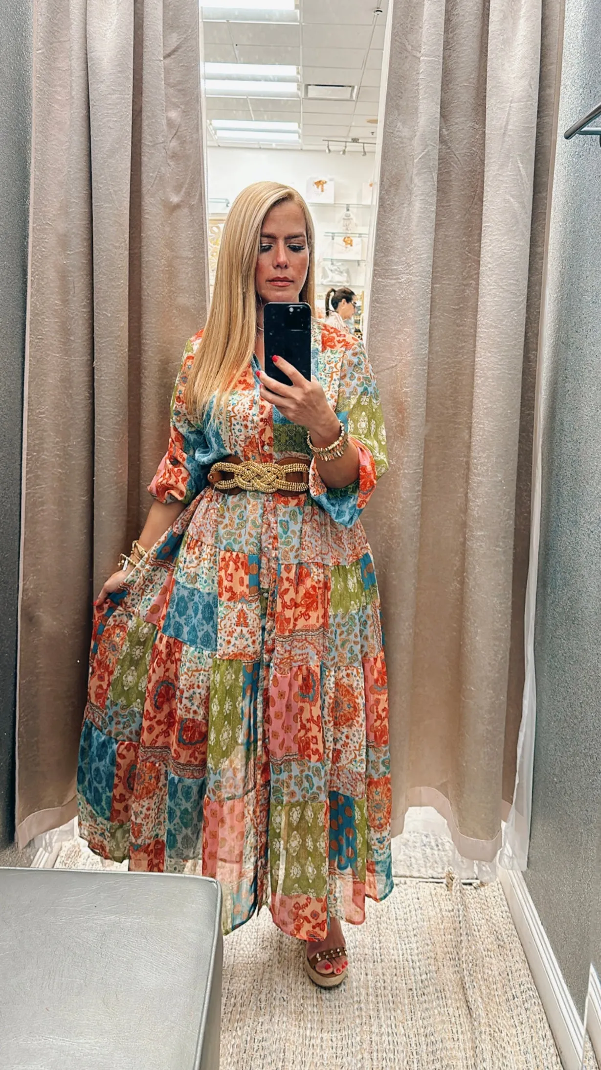Patchwork L/s green down dress