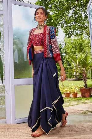 PATCHWORK NOOR JACKET WITH JAAL BUSTIER AND NUSHRAT DRAPE SKIRT