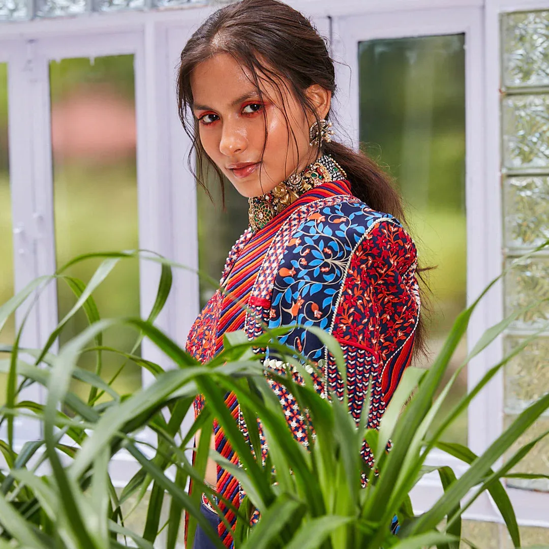 PATCHWORK NOOR JACKET WITH JAAL BUSTIER AND NUSHRAT DRAPE SKIRT