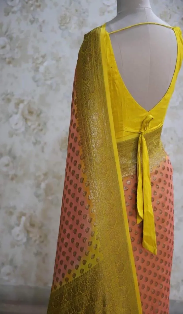 Peach-Yellow Ombre Banarasi Heavy Saree