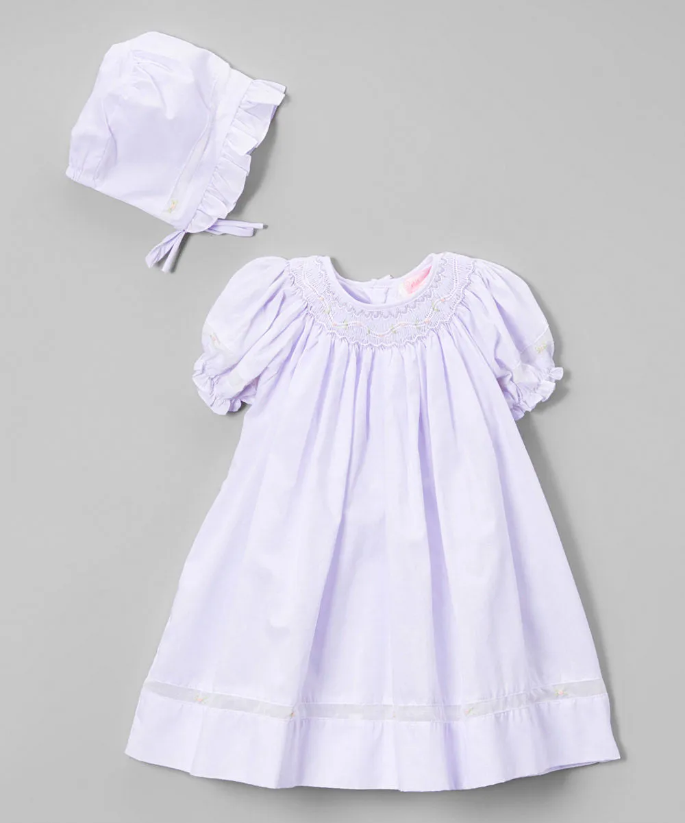 Petit Ami Girls Lavender Purple Voile Smocked Bishop Dress with Bonnet Preemie