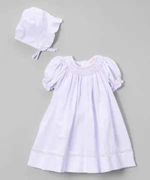 Petit Ami Girls Lavender Purple Voile Smocked Bishop Dress with Bonnet Preemie