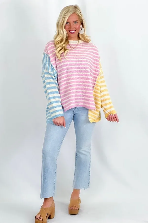 Pink and Blue and Yellow Color Block Stripe Sweater