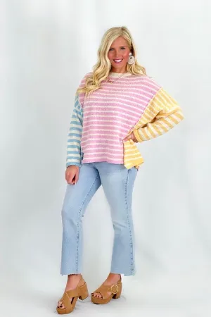 Pink and Blue and Yellow Color Block Stripe Sweater