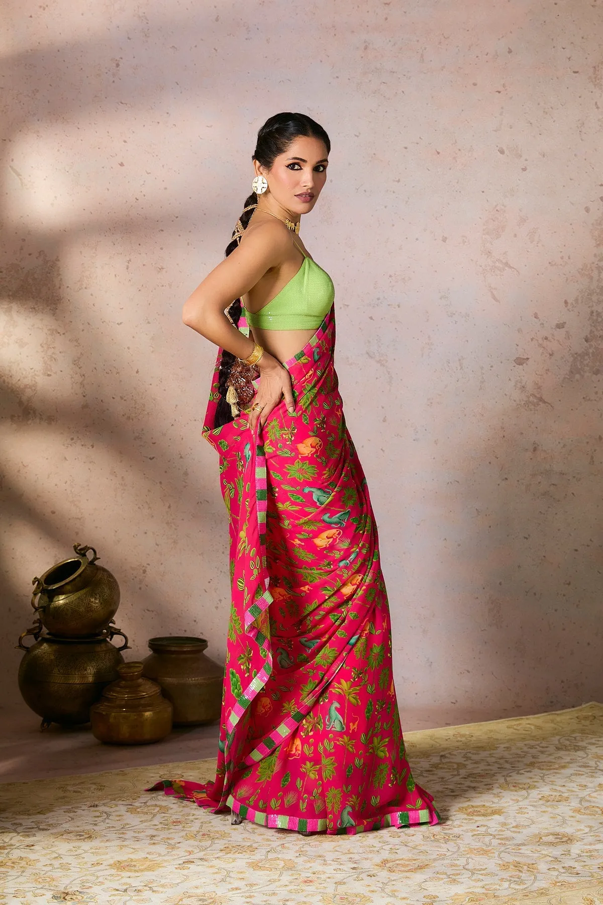 Pink Tropical Rhapsody Saree