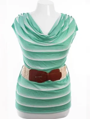 Plus Size Belted Drape Neck White And Green Striped Top