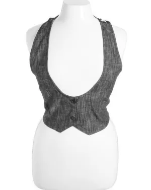 Plus Size Black Denim Vest See Through Lace Back
